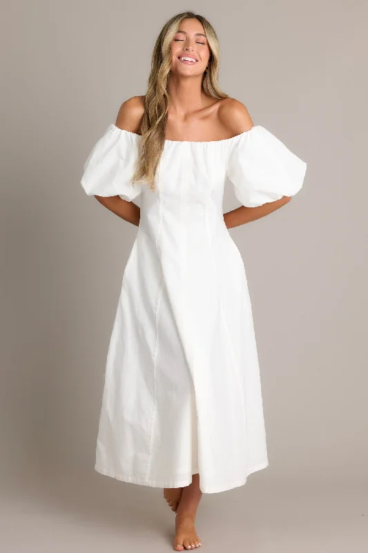 Cascade Couture White Off Shoulder Midi Dress