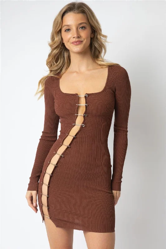 Cocoa Knit Cut-Out Large Pin Detail Mini Dress