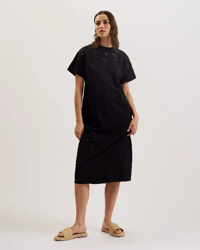 Salyha Embroidered Cut Out Midi Tshirt Dress Black