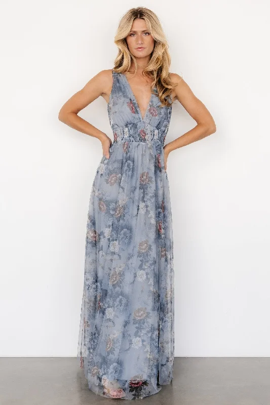 Kamila Tulle Maxi Dress | Dusty Blue Floral