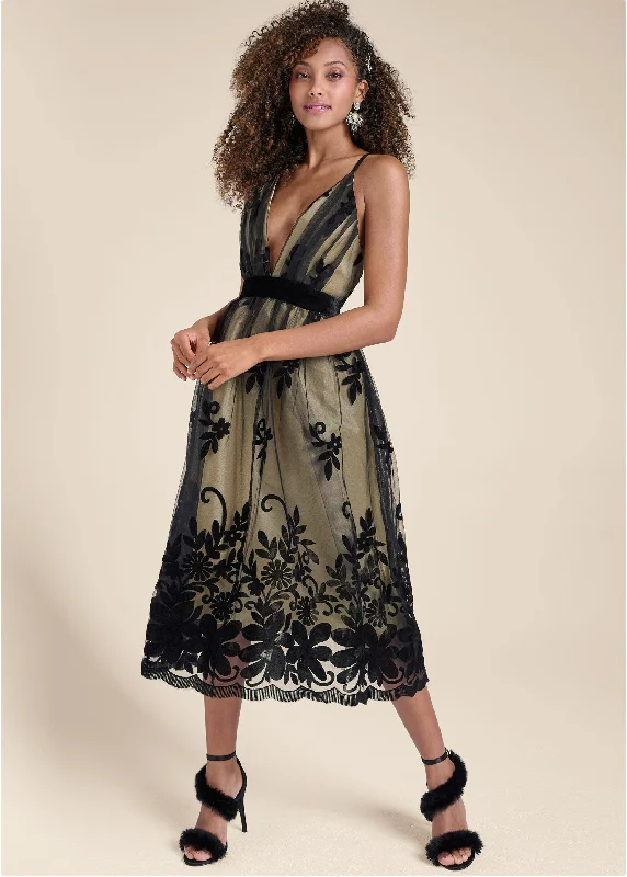 Velvet Floral Midi Dress - Black & Nude