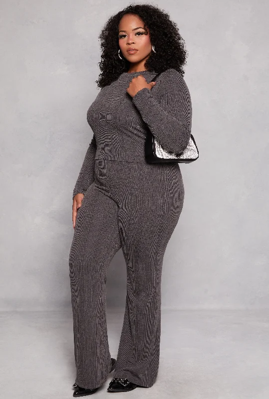 Plus Size Solid Ribbed High Waist Flare Pants