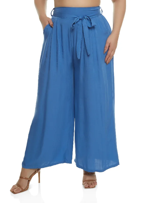 Plus Size High Waisted Tie Waist Wide Leg Pants