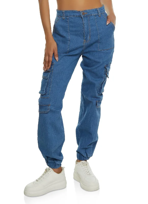 High Waist Denim Cargo Joggers