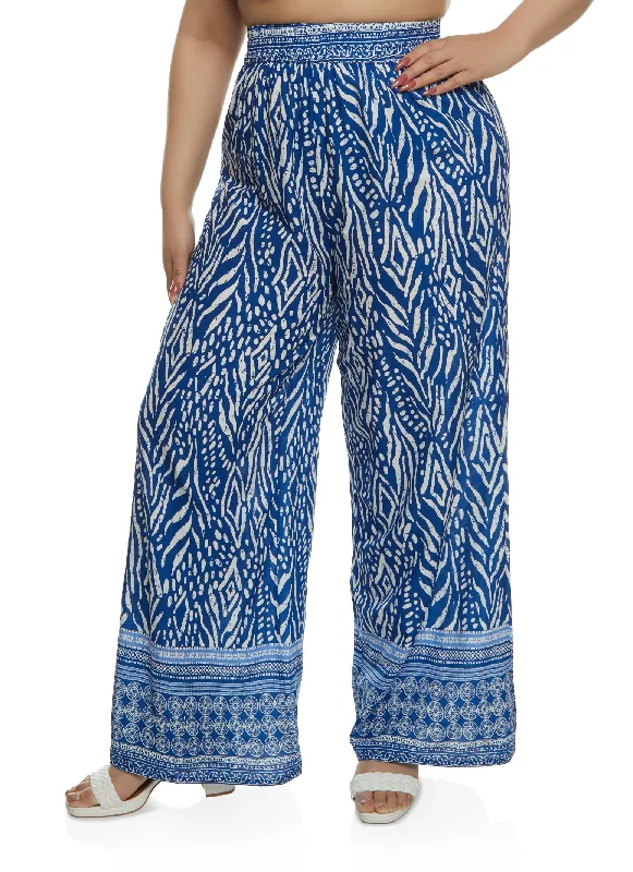 Plus Size Smocked Waist Printed Wide Leg Pants