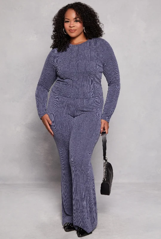 Plus Size Solid Ribbed High Waist Flare Pants