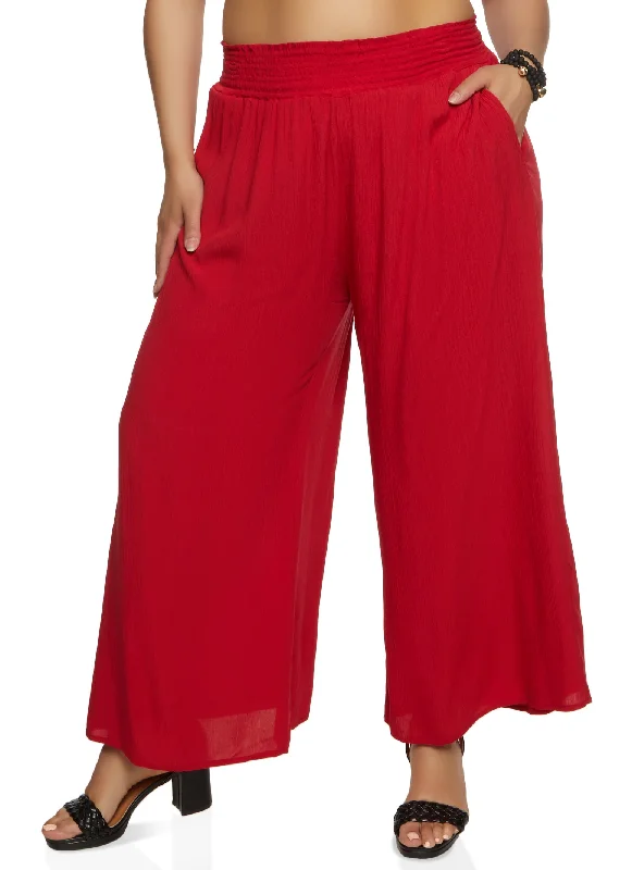 Plus Size Smocked Waistband Wide Leg Pants