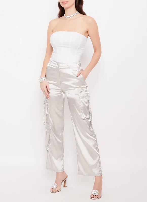 Satin High Waisted Wide Leg Cargo Pants