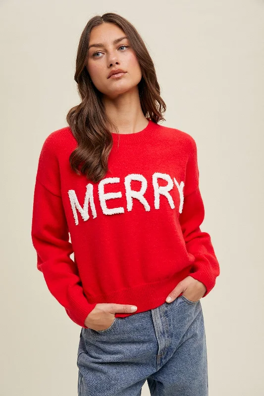 Merry Fluffy Patch Sweater - Red