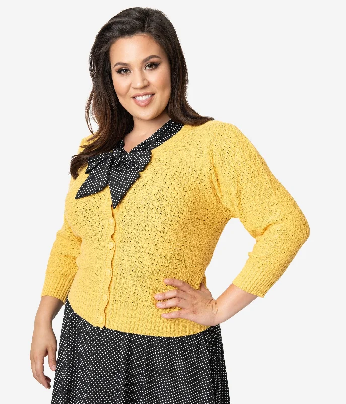 Plus Size Retro Style Honey Yellow Cotton Crochet Sleeved Button Cardigan