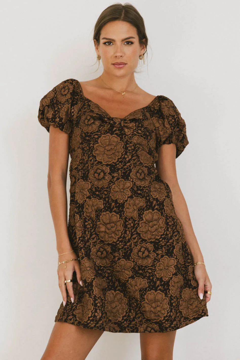 Darcella Floral Mini Dress in Brown